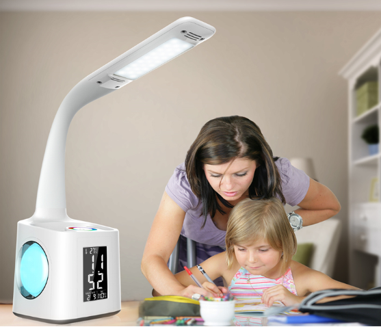Lampe de bureau de LED avec le débouché électrique, calendrier, affichage de la température, éclairage de chevet, étude, lecture pour des enfants